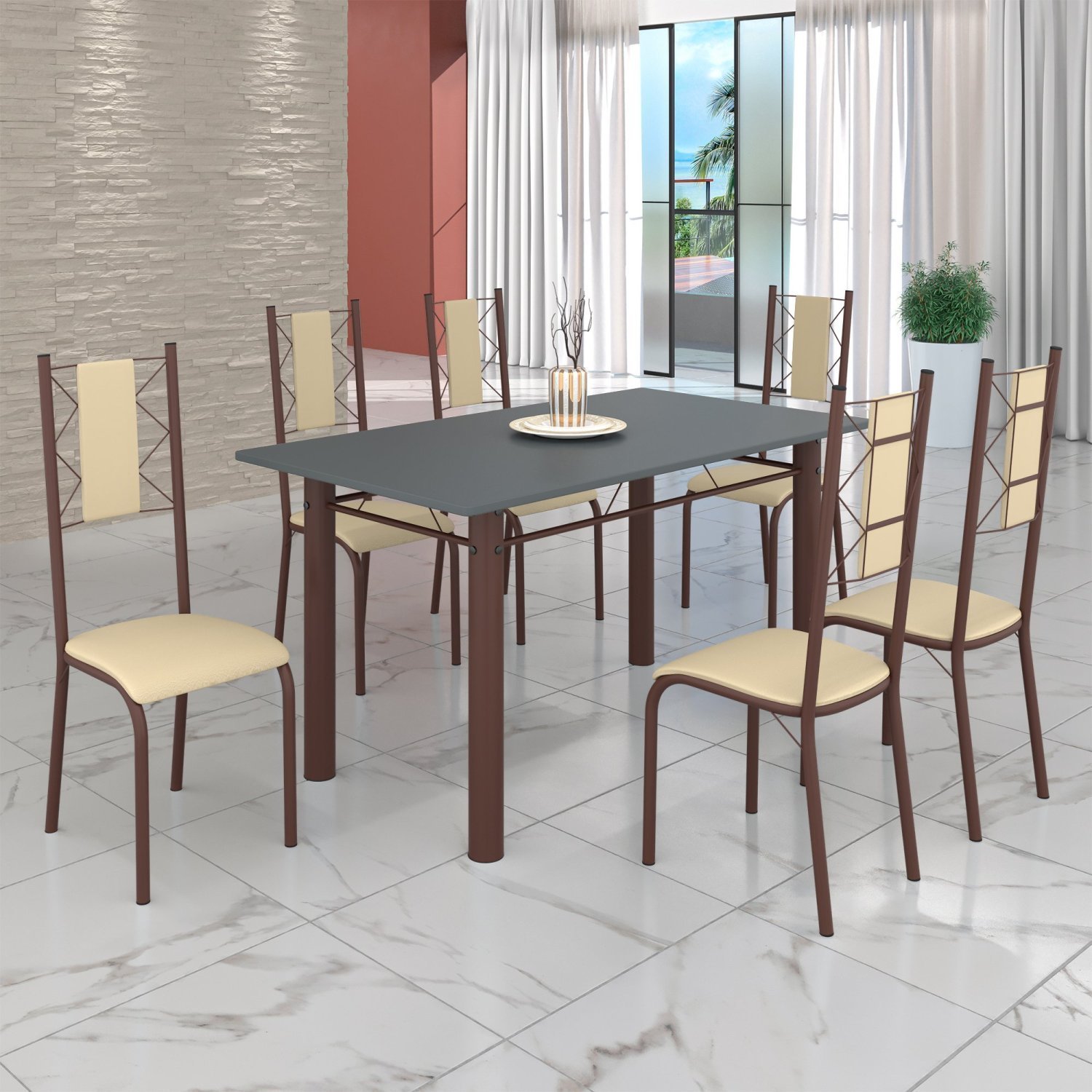 Conjunto Sala de Jantar Bahia Mesa Tubo 140x75cm Tampo Pedra com 6 Cadeiras - 1