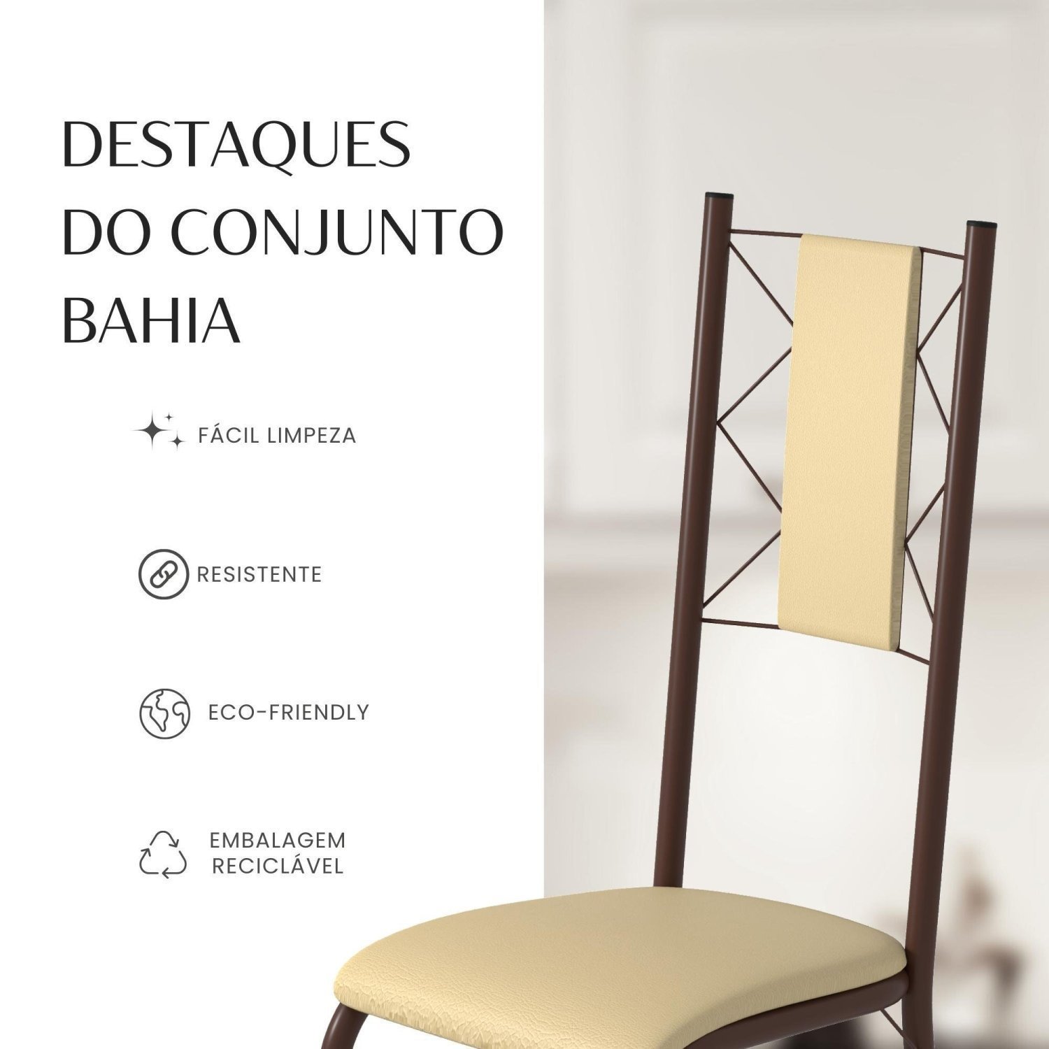 Conjunto Sala de Jantar Bahia Mesa Tubo 140x75cm Tampo Pedra com 6 Cadeiras - 10