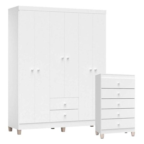 Cômoda Gaveteiro e Guarda Roupa 6 Portas Ternura Baby Branco Brilho – Incorplac