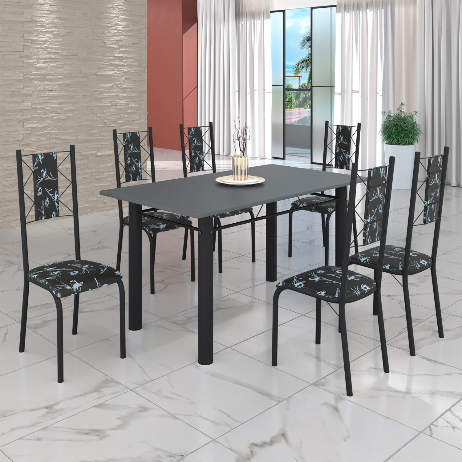 Conjunto Sala de Jantar Bahia Mesa Tubo 140x75cm Tampo Pedra com 6 Cadeiras - 1