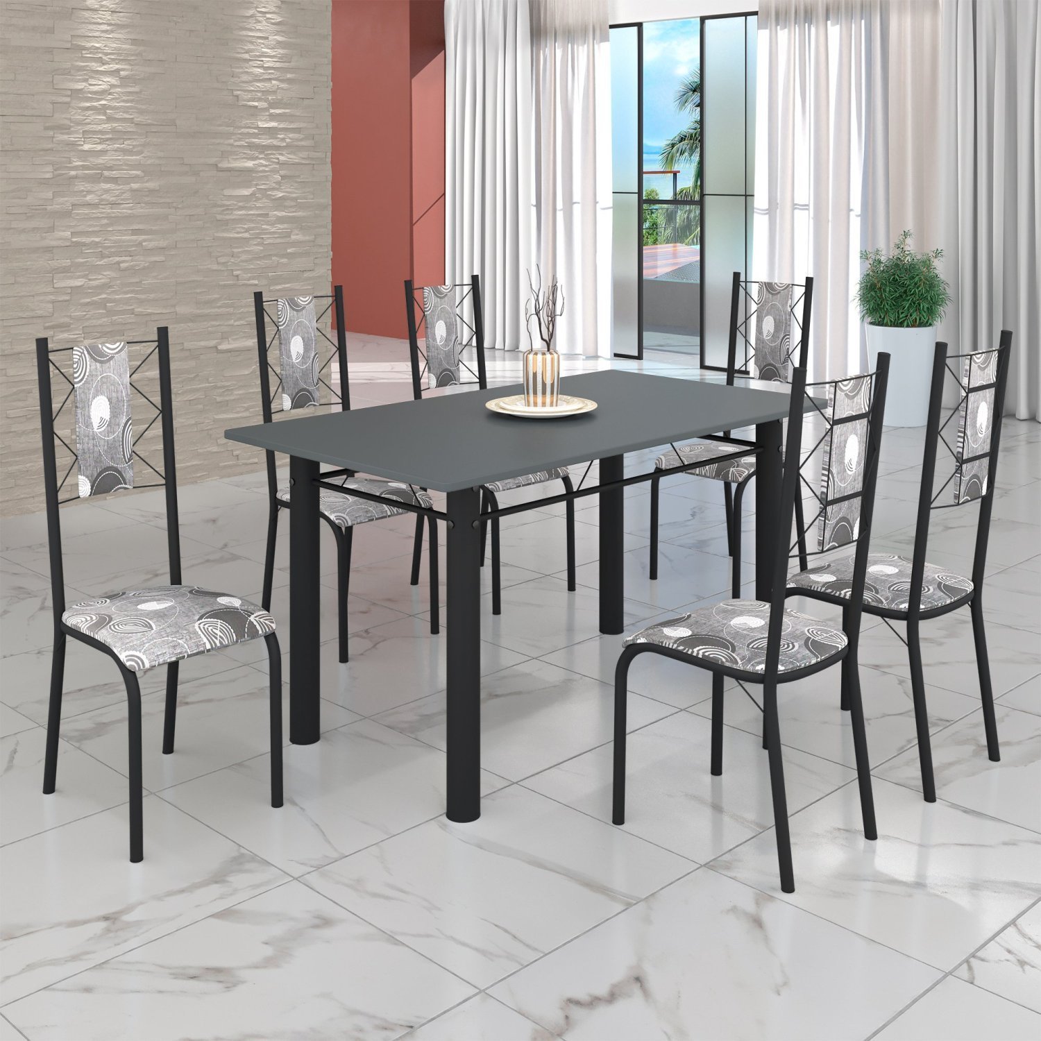 Conjunto Sala de Jantar Bahia Mesa Tubo 140x75cm Tampo Pedra com 6 Cadeiras - 1