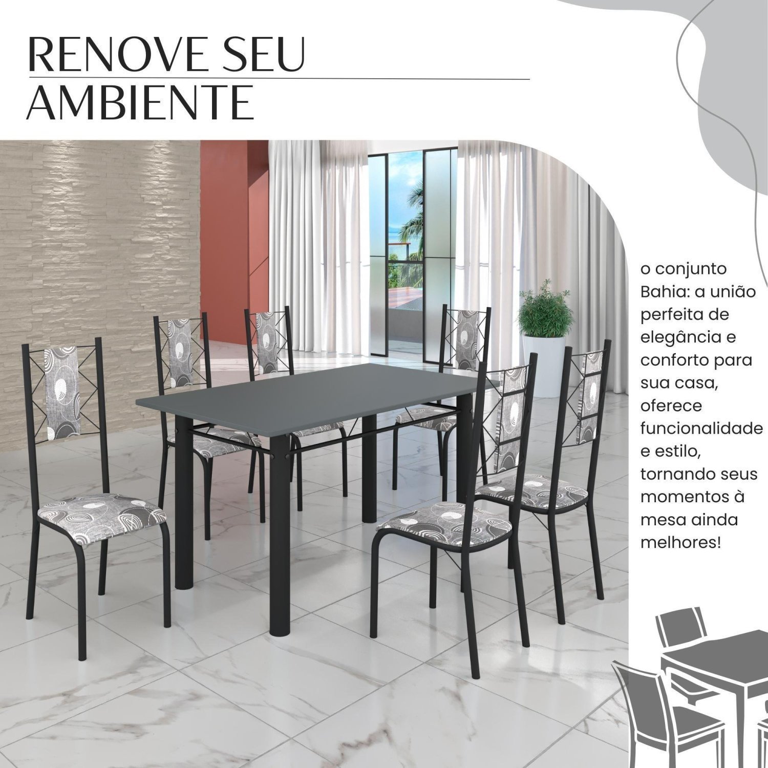 Conjunto Sala de Jantar Bahia Mesa Tubo 140x75cm Tampo Pedra com 6 Cadeiras - 6
