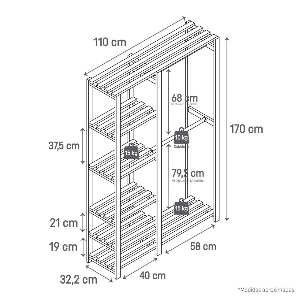 Estante Armário Multiuso Para Roupas Com Cabideiro, Prateleiras e Maleiro em Madeira Aberto - 8