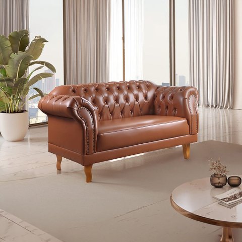 Sofá Chesterfield 2 Lugares Couro Sintético Marrom Duque 150cm Yescasa