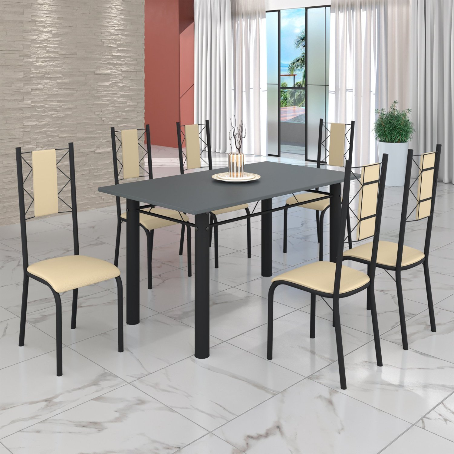 Conjunto Sala de Jantar Bahia Mesa Tubo 140x75cm Tampo Pedra com 6 Cadeiras - 1