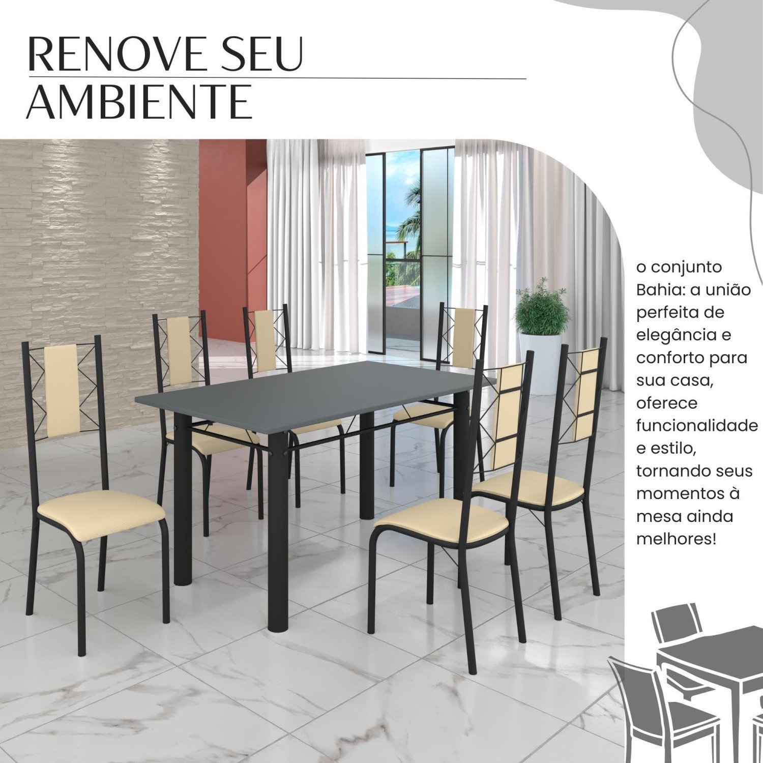 Conjunto Sala de Jantar Bahia Mesa Tubo 140x75cm Tampo Pedra com 6 Cadeiras - 6