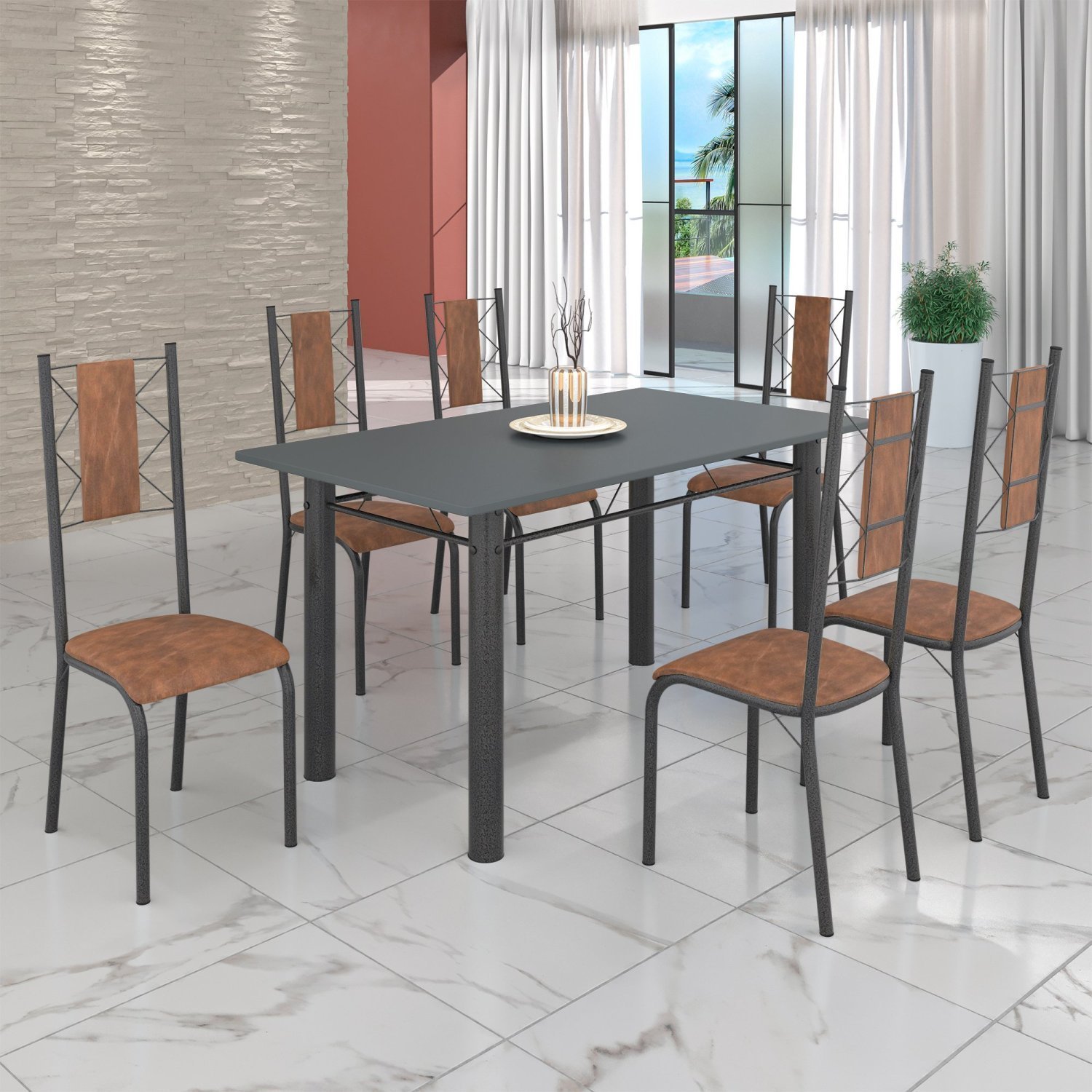 Conjunto Sala de Jantar Bahia Mesa Tubo 140x75cm Tampo Pedra com 6 Cadeiras - 1