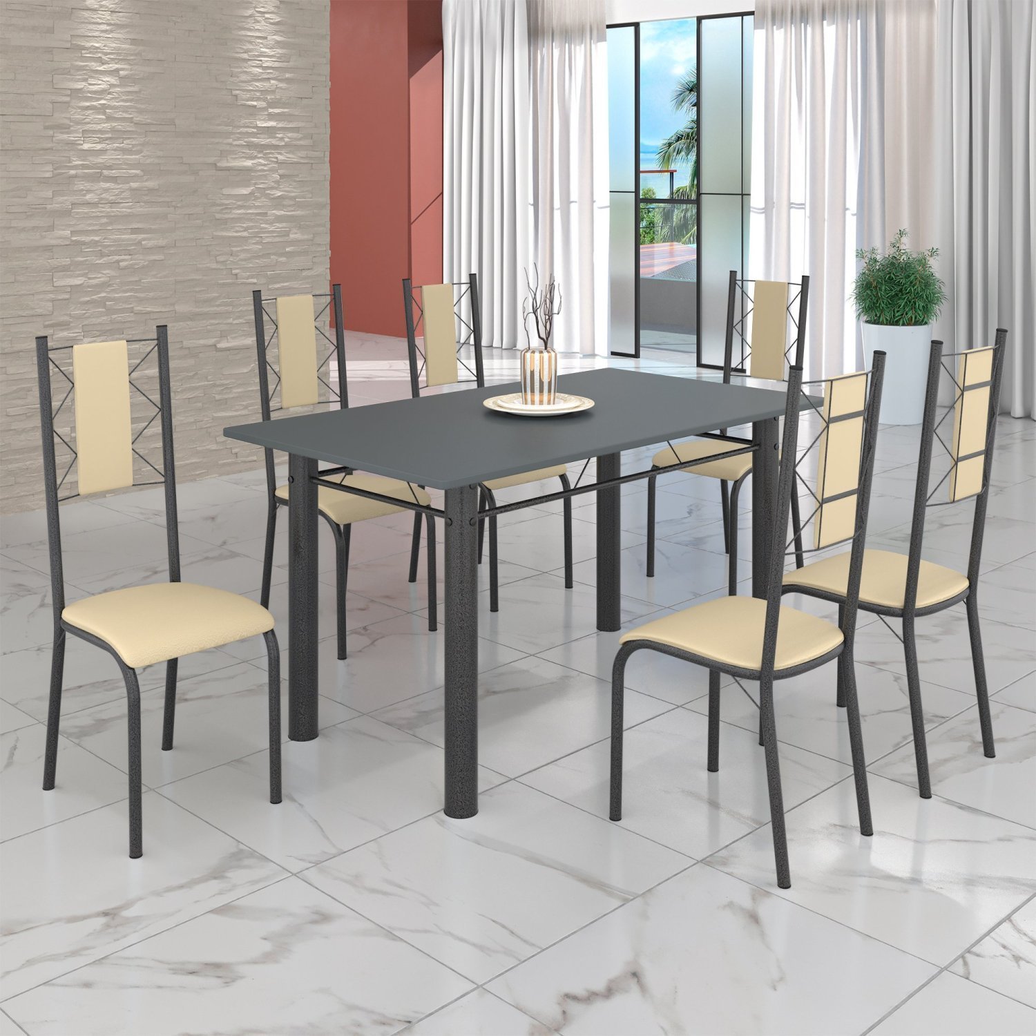 Conjunto Sala de Jantar Bahia Mesa Tubo 140x75cm Tampo Pedra com 6 Cadeiras - 1