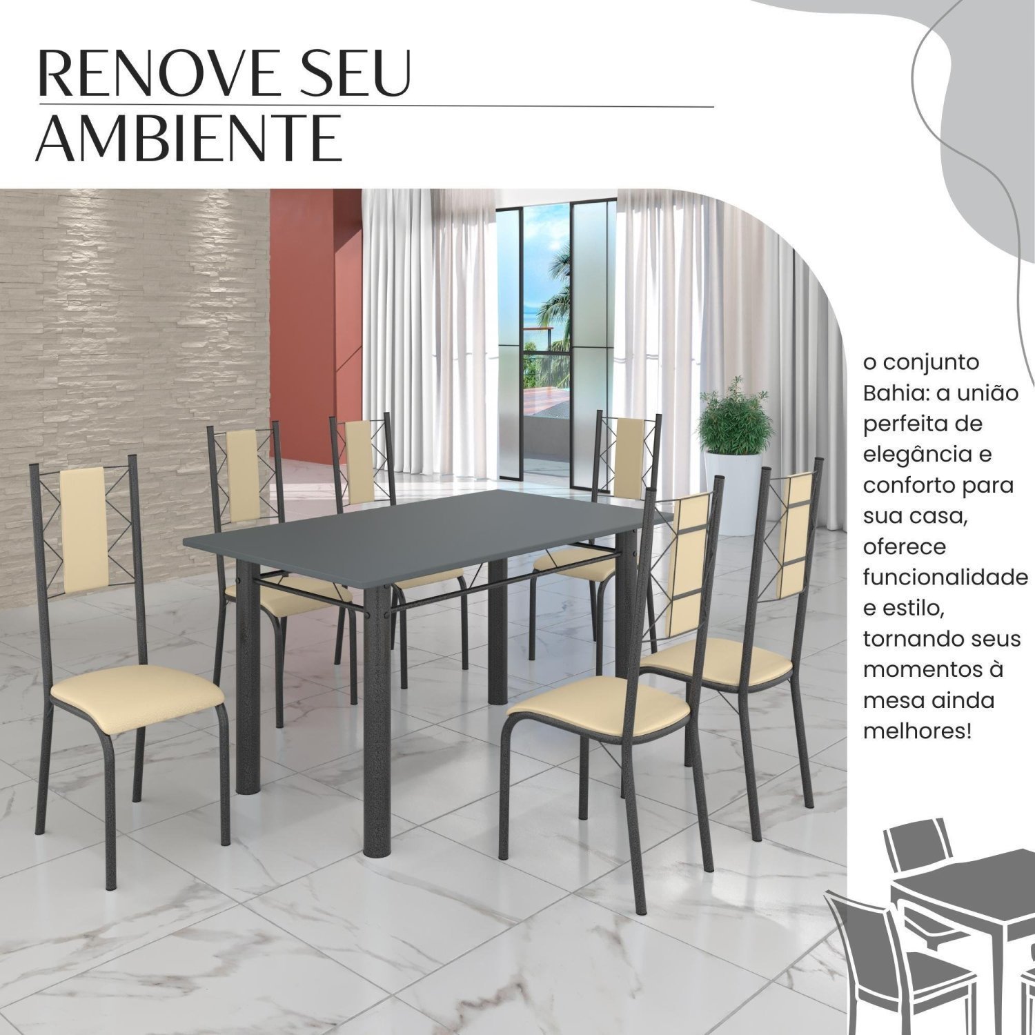 Conjunto Sala de Jantar Bahia Mesa Tubo 140x75cm Tampo Pedra com 6 Cadeiras - 6