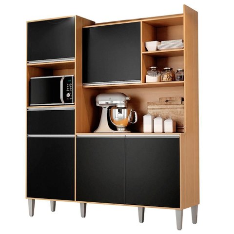 Kit Cozinha Compacta 5 Portas 160 Cm Isabel Amendoa Preto Reajl Moveis