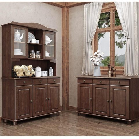 Conjunto Cozinha: Cristaleira 5 Portas 3 Gavetas Balcão 3 Portas 3 Gavetas Rubi Café Madeira Pinus