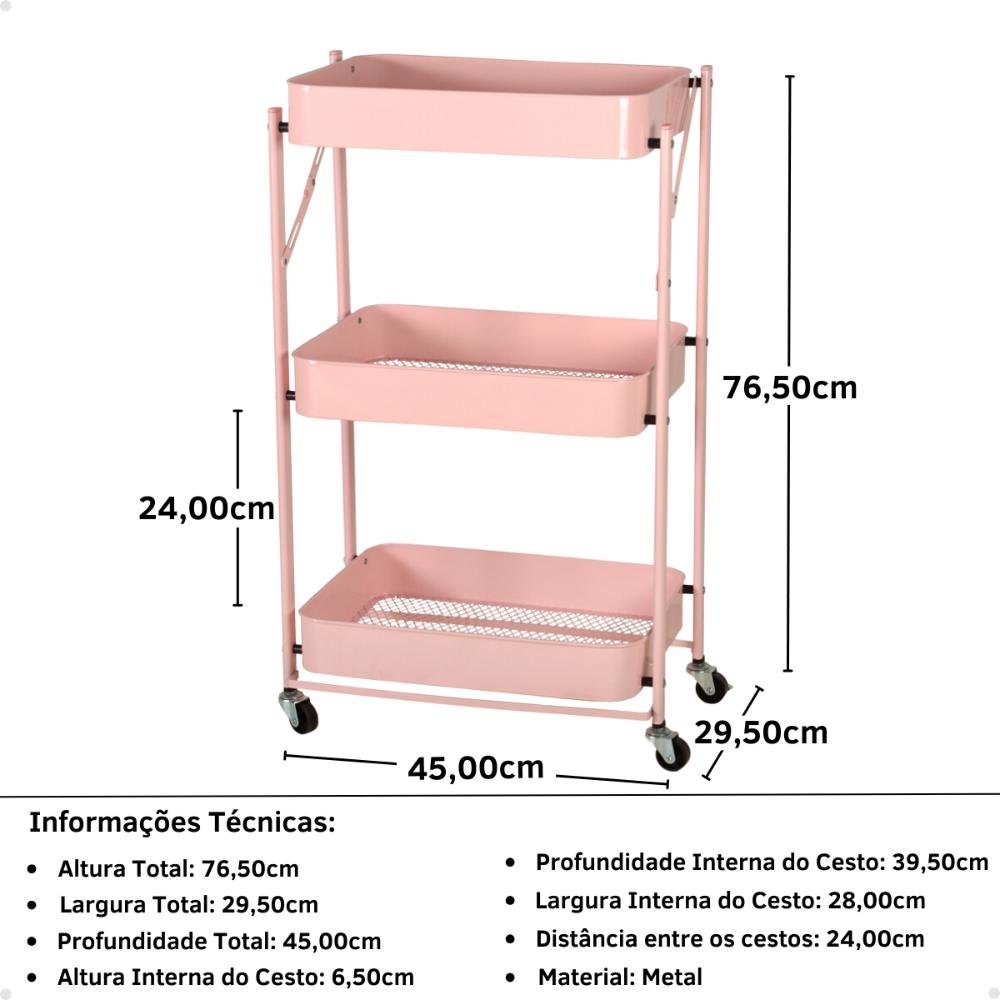 Carrinho Multiuso Organizador Dobrável com 3 Prateleiras - Rosa - 6