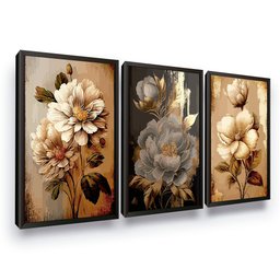 Quadros Decorativos Trio Kit 3 Flores Moldura Grande Sala - 2