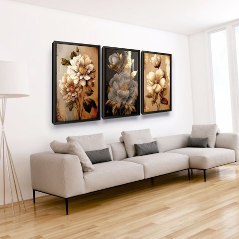 Quadros Decorativos Trio Kit 3 Flores Moldura Grande Sala