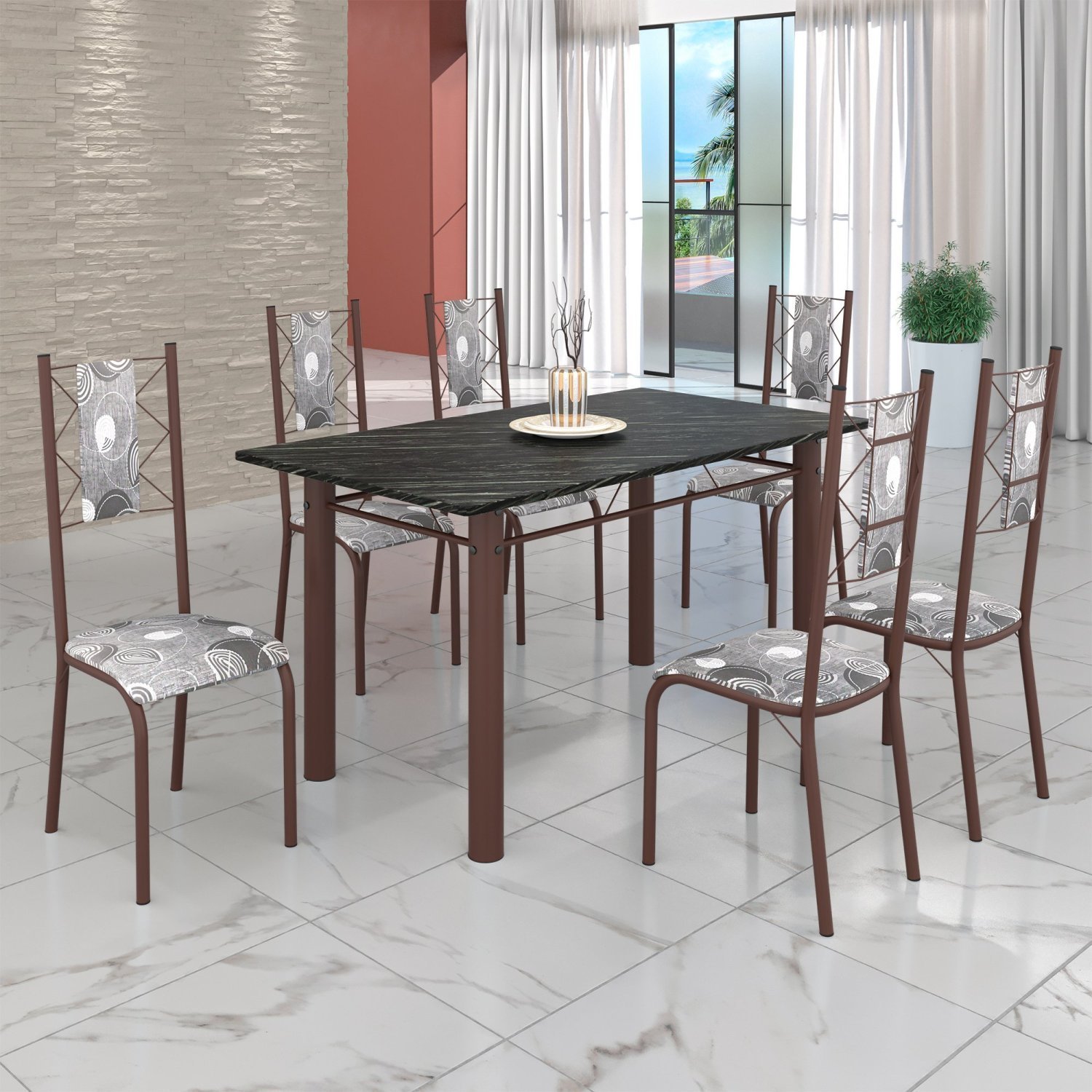 Conjunto Sala de Jantar Bahia Mesa Tubo 140x75cm Tampo Madeira Indiano com 6 Cadeiras - 1