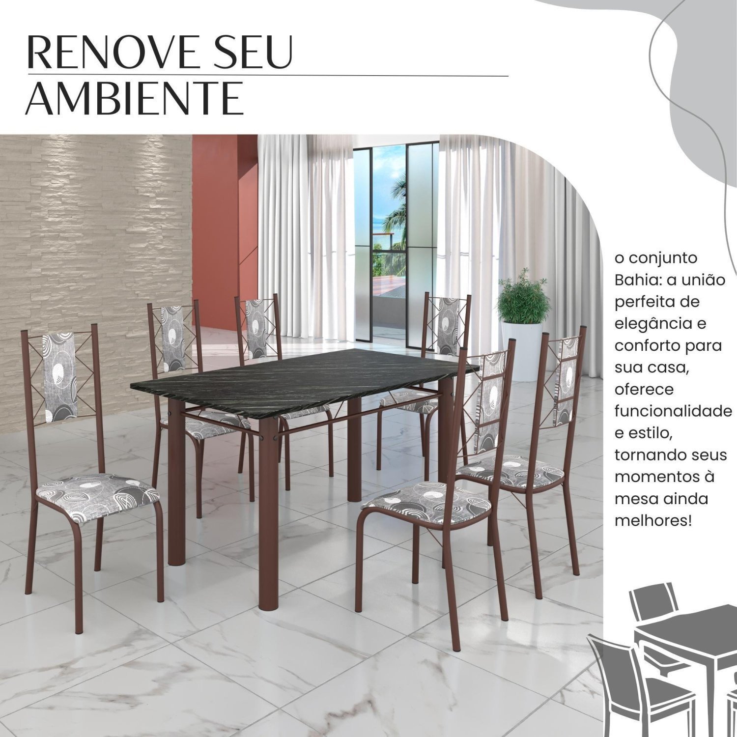 Conjunto Sala de Jantar Bahia Mesa Tubo 140x75cm Tampo Madeira Indiano com 6 Cadeiras - 6