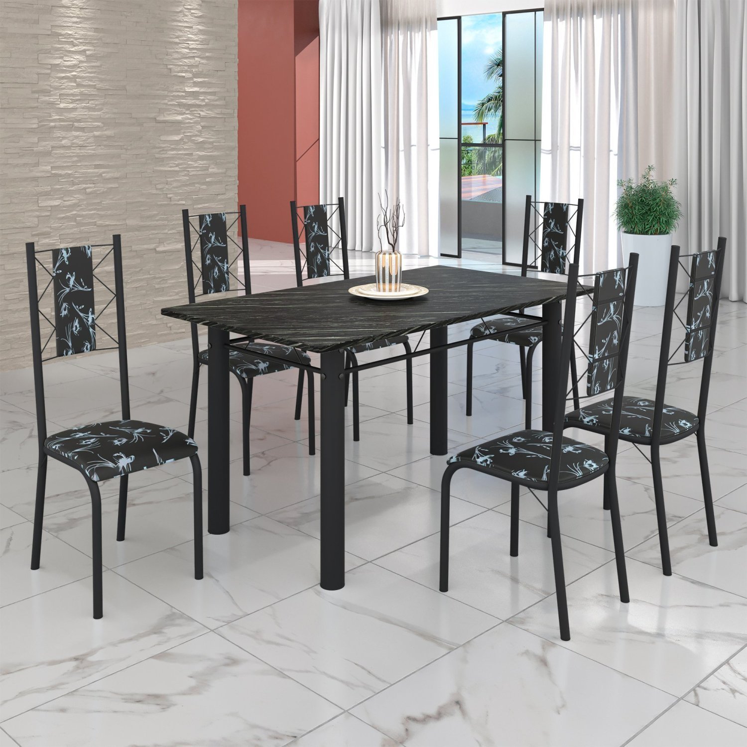 Conjunto Sala de Jantar Bahia Mesa Tubo 140x75cm Tampo Madeira Indiano com 6 Cadeiras - 1