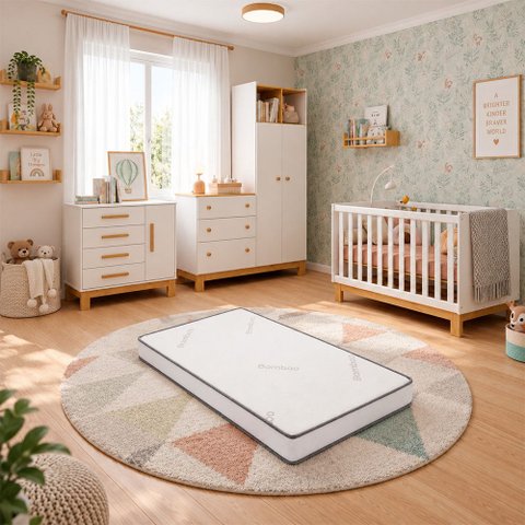 Quarto de Bebê Completo Q Encanto Slim com Berço Guarda Roupa com Cômoda Sapateira e Colchão Movellu