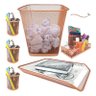 Kit Escritório Lixeira Retangular Organizador de Mesa Bandeja Organizadora Porta Caneta Rose Gold - 1