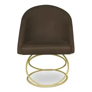 Poltrona Cadeira de Jantar Luxo Estofada Base Metal Dourado Sala Cozinha Recepção Suede Marrom Eli M