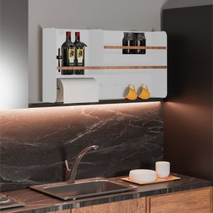 Porta Temperos em Aço Carbono Branco e Madeira C/ Porta Papel - 80cm Linha Home