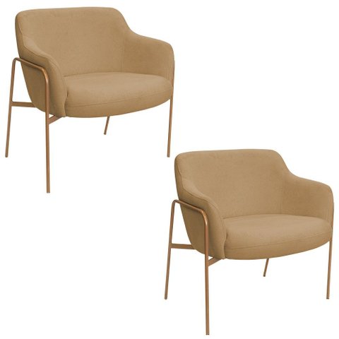 Kit 02 Poltronas Decorativas Jade Base Aço Ouro Fosco Bouclé Camel - Nexta Casa
