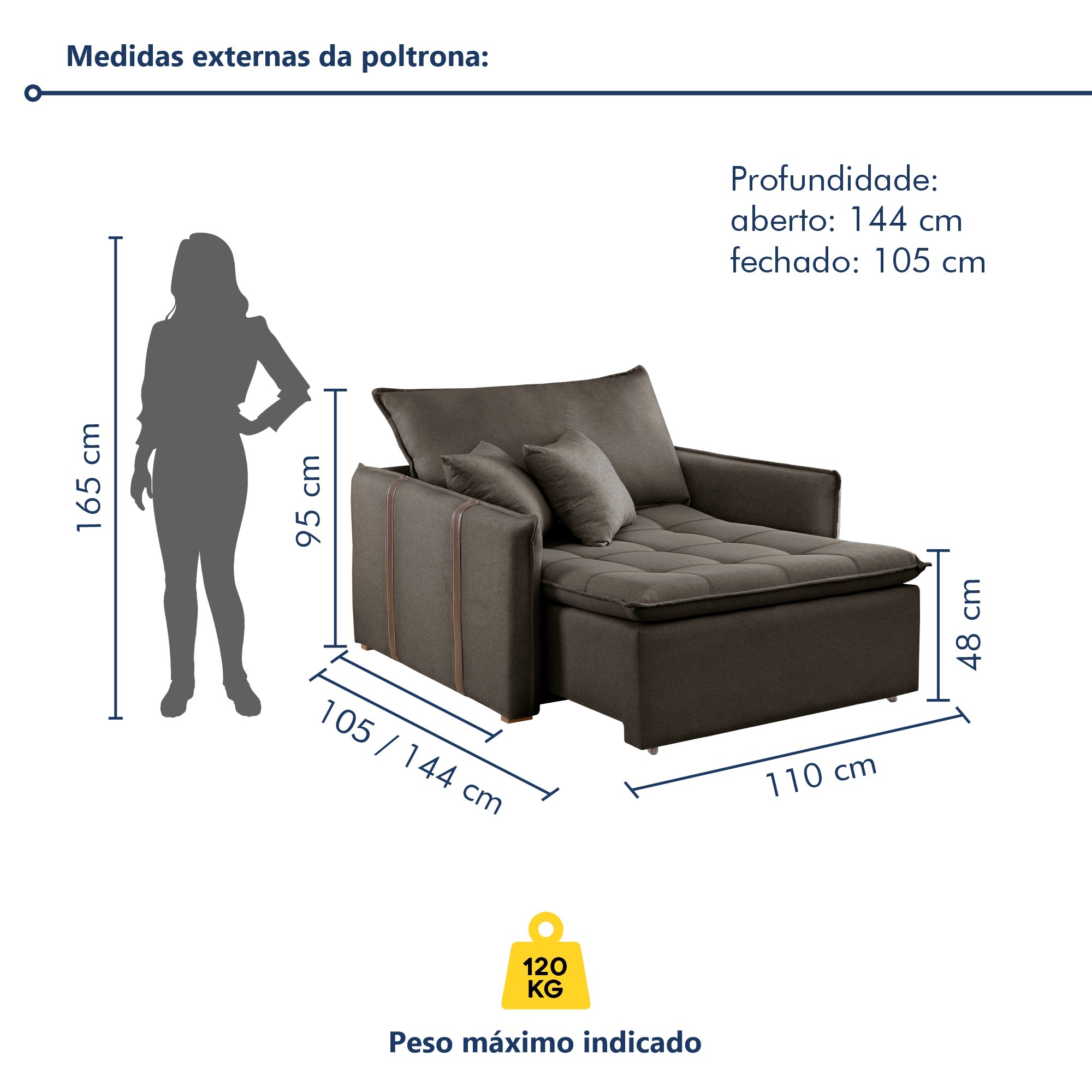 Poltrona Retrátil 100cm Barcelona Veludo  - 9