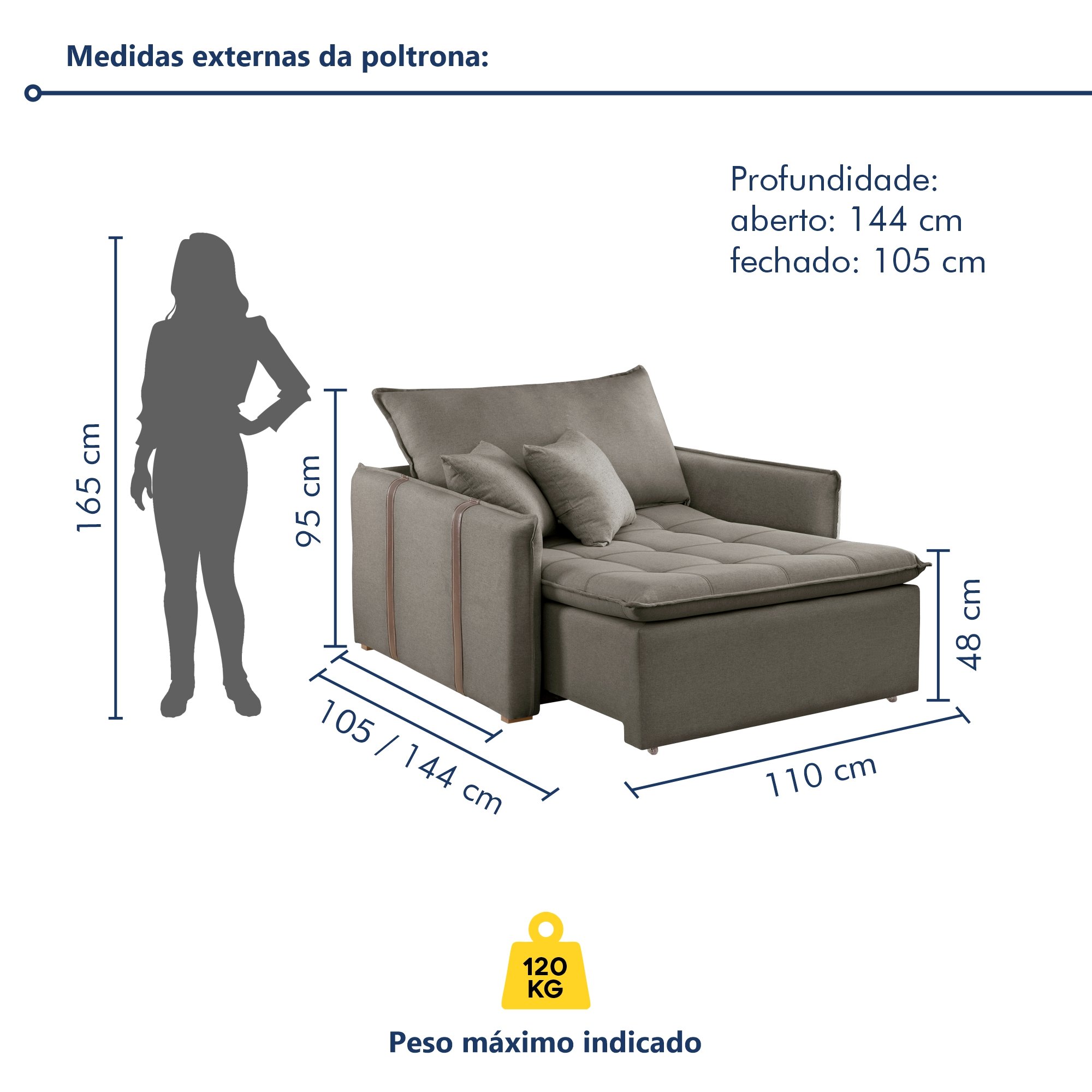 Poltrona Retrátil 100cm Barcelona Veludo   - 9