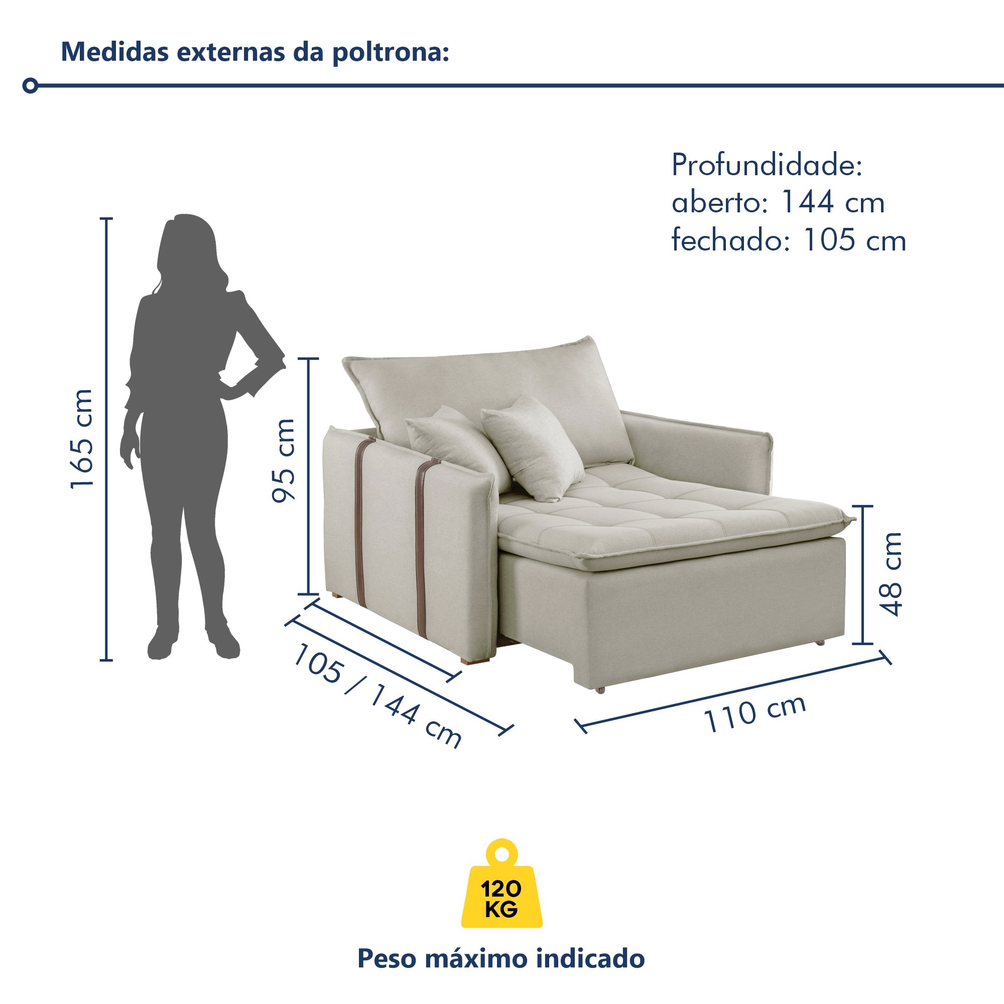 Poltrona Retrátil 100cm Barcelona Veludo   - 9