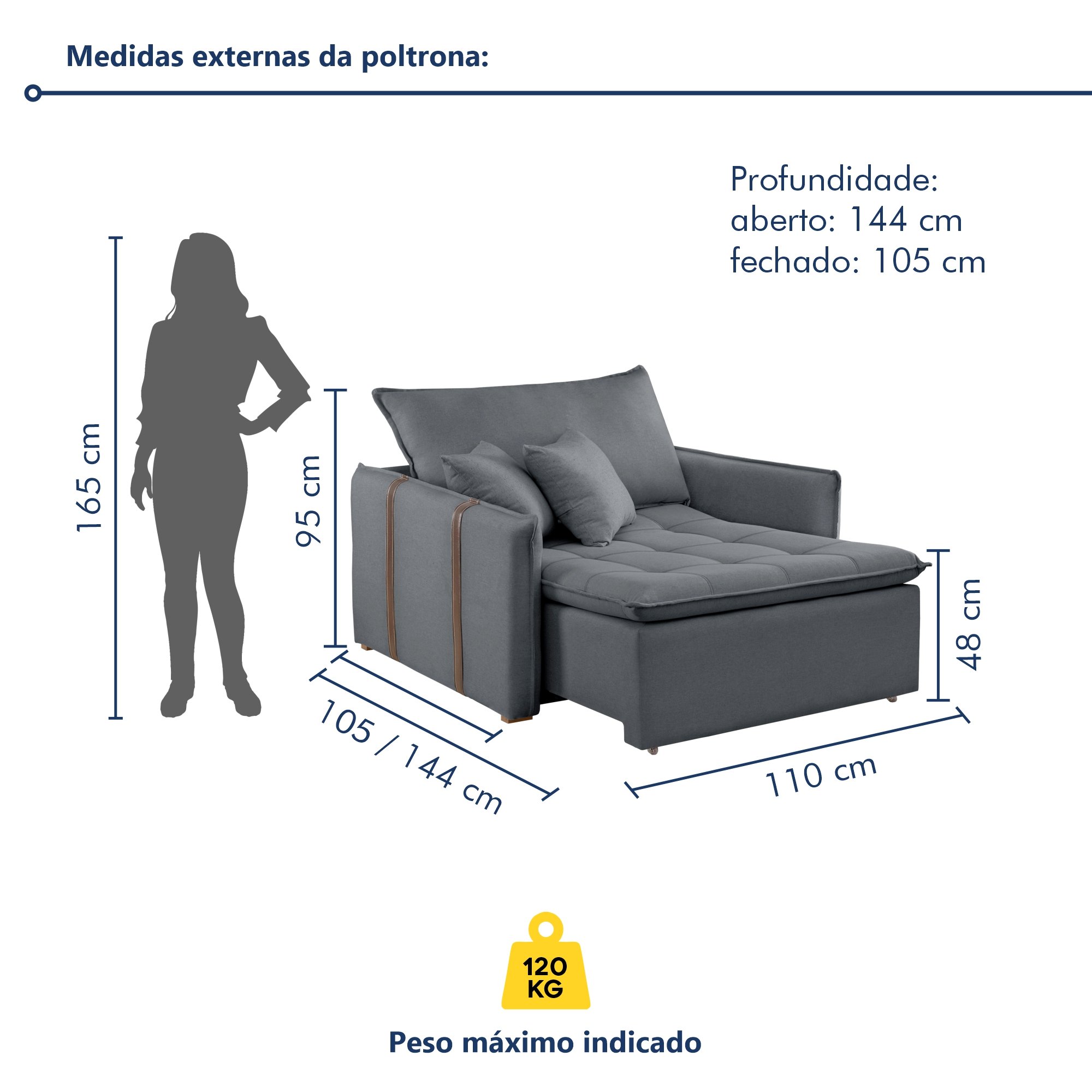 Poltrona Retrátil 100cm Barcelona Veludo  - 9