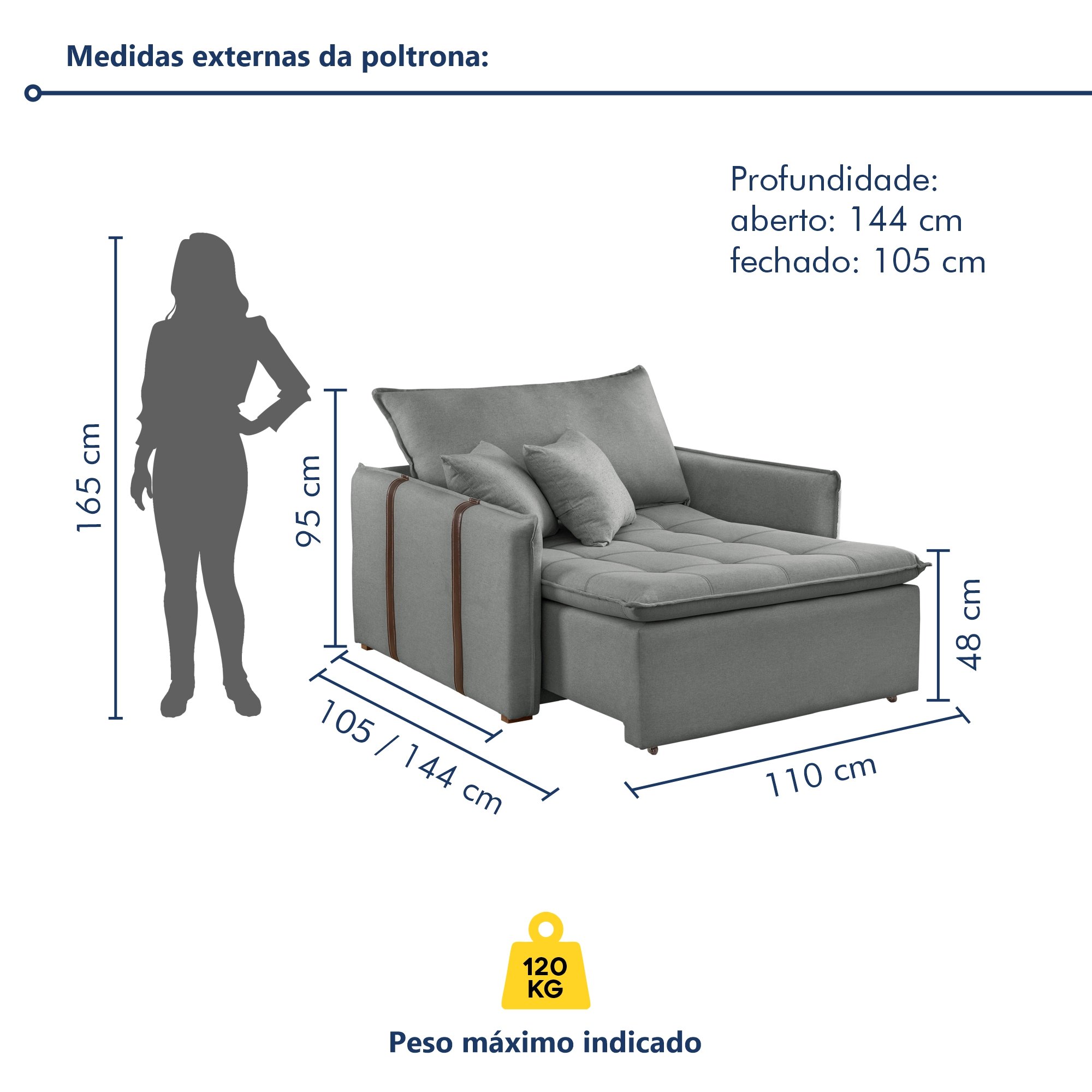 Poltrona Retrátil 100cm Barcelona Linho  - 10