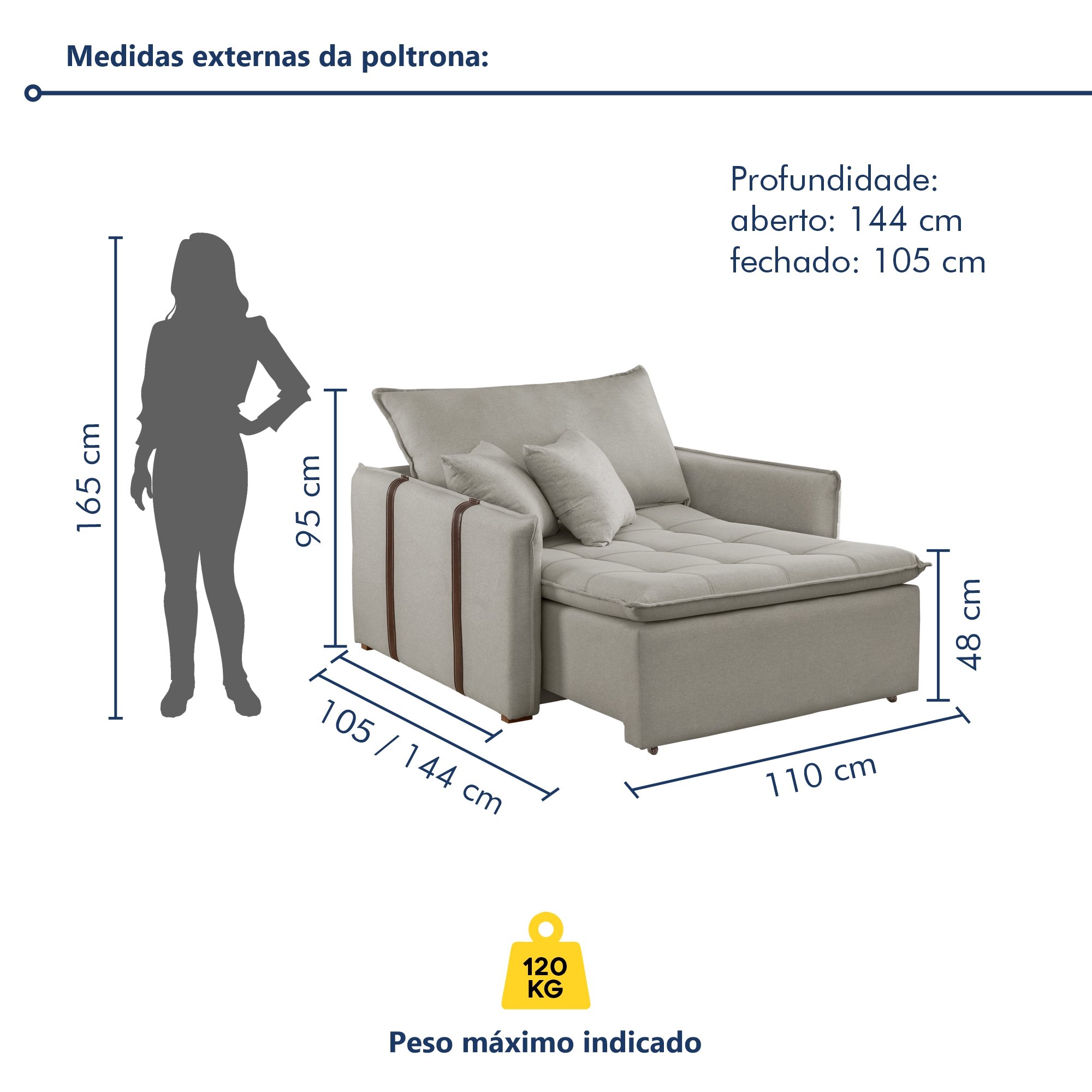 Poltrona Retrátil 100cm Barcelona Linho  - 10