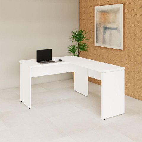 Mesa Escrivaninha 120cm em L Tampo 30mm Pés Painel F5 Office Cor:Branco