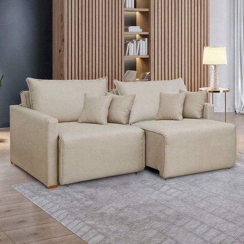 Sofá Cama Retrátil e Reclinável 3 Lugares Linho Bege 200cm Júlia Yescasa