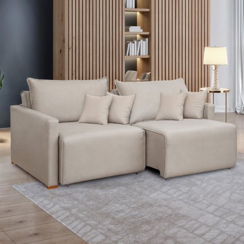 Sofá Cama Retrátil e Reclinável 3 Lugares Veludo Bege Claro 220cm Júlia Yescasa
