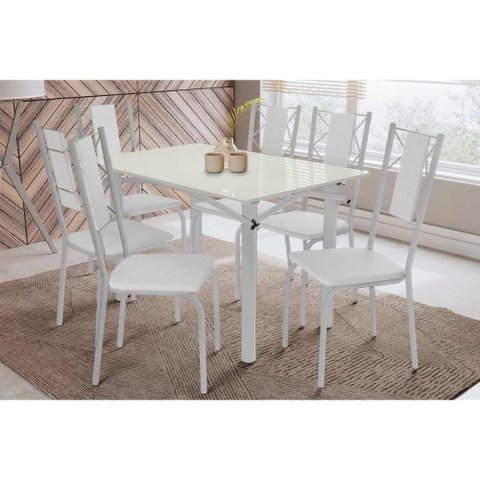 Conjunto: Mesa Sala Jantar Elba Tampo Madeirado C/ Vidro 120cm e 6 Cadeiras Lisboa Cromada/off White