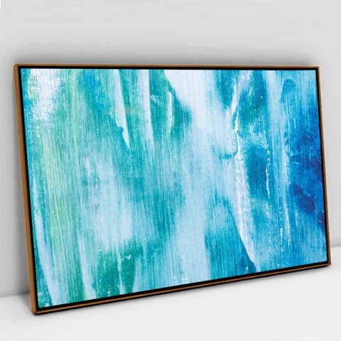 Quadro Decorativo em Canvas Abstrato Pincelada Azul Claro TaColado Moldura Flutuante 4,5cm Freijó 12