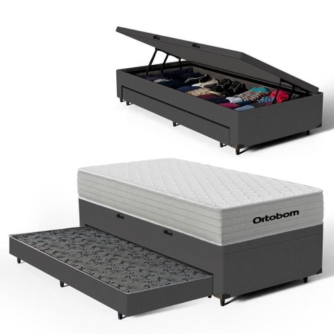 Cama Box Baú com Colchão de Molas Ensacadas Ortobom One Face Plenno Superpocket + Auxiliar de