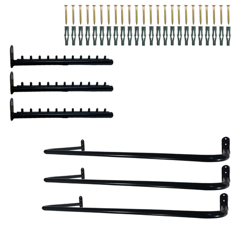 3 Araras 80cm Organização Loja Closet Fixo de Parede + 3 Cabideiros Rt 40cm para Roupas Preto