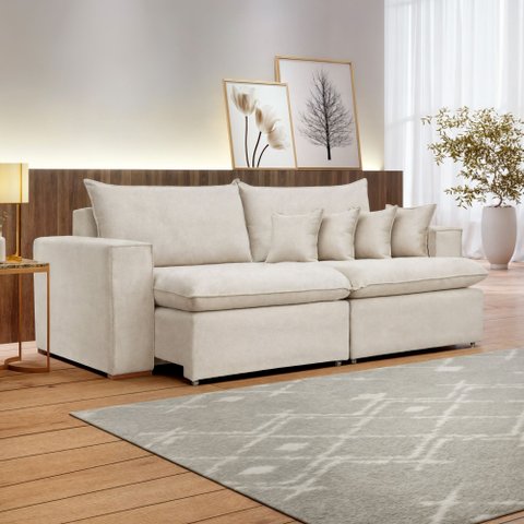 Sofá Retrátil 3 Lugares 200cm Em Linho Cru Barcelona Celflex 4 Almofadas