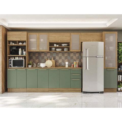 Armário de Cozinha Modulada Completa Reta 9 Peças 4,00m Botanic Kappesberg - Nogueira/Verde Oliva