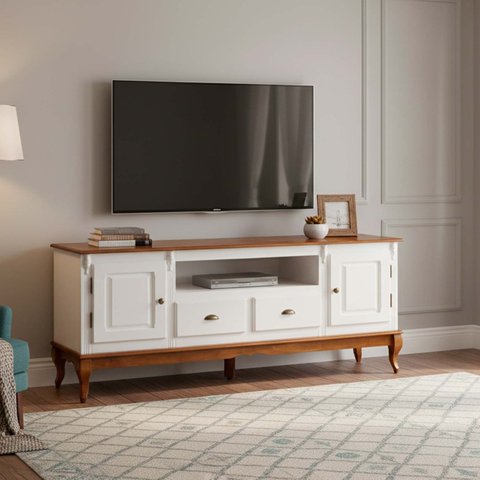 Rack para TV até 75 Polegadas 195cm 2 Portas 2 Gavetas Prateleira Interna Pés Luis Xv Hanover