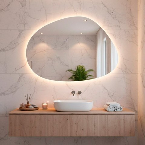 Espelho Orgânico de Parede com Led Quente Nuvem 55x75cm para Sala Quarto Banheiro