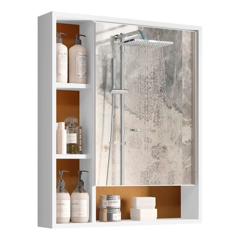 Armário de Banheiro com Espelheira 1 Porta Olimpia Espelho - Branco C/ Cedro