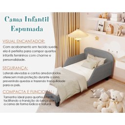 Cama Infantil Estofada Cinza Solteiro com Encosto Lateral Design Seguro e Confortável - 3