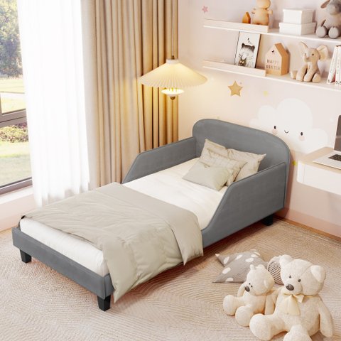 Cama Infantil Estofada Cinza Solteiro com Encosto Lateral Design Seguro e Confortável