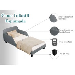 Cama Infantil Estofada Cinza Solteiro com Encosto Lateral Design Seguro e Confortável - 4