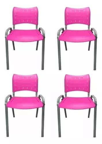 Kit Com 4 Cadeiras Iso Para Escola Escritório Comércio Rosa Base Prata - 1