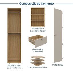 Guarda-roupa 2 Módulos 1 Porta e 3 Prateleiras 3 Gavetas Frame Cabecasa madeiramadeira - 3