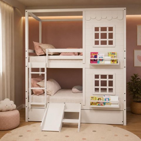 Treliche Infantil Casinha Reta com Escorregador Madeira Maciça Branco Megamobília